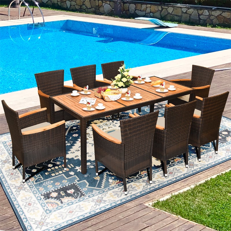 9 Piece Outdoor Rattan Patio Dining Set Acacia Wood Table Top Garden Dining Set with 8 Stackable Wicker Patio Chairs & Cushions