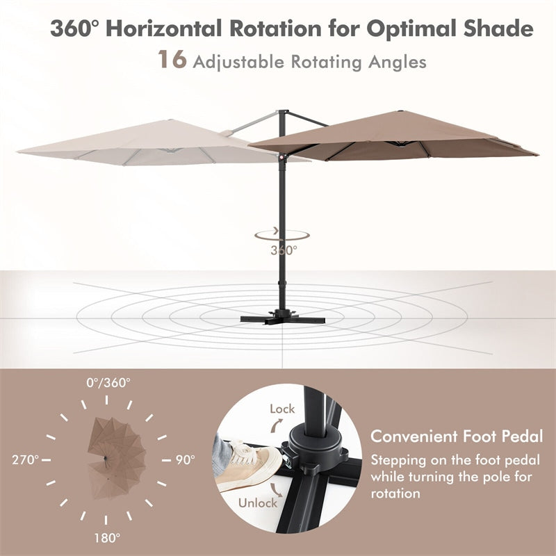 9.5FT Square 2-Tier Cantilever Umbrella Heavy Duty Offset Hanging Patio Umbrella with 360° Rotation & Cross Base