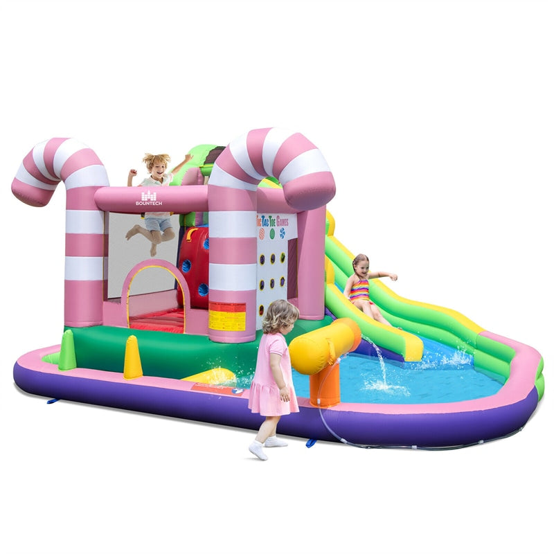 9-in-1 Inflatable Water Slide Bounce House Sweet Candy Bouncy Castle Water Park Pool with Slide, Climbing Wall & Tic-Tac-Toe for Kids Indoor Outdoor Fun