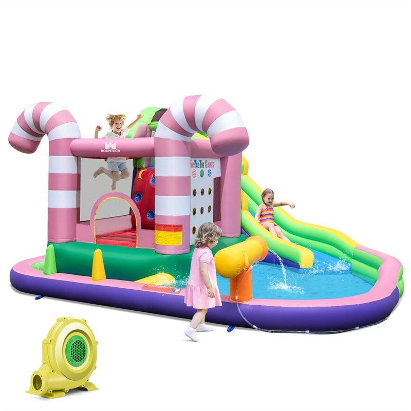 9-in-1 Inflatable Water Slide Bounce House Sweet Candy Bouncy Castle Backyard Waterpark Pool with 735W Blower, Climbing Wall & Tic-Tac-Toe