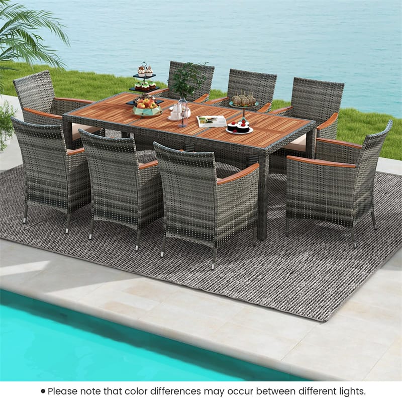 9 Piece Patio Rattan Dining Set Outdoor Wood Wicker Dining Furniture Set Garden Armchairs with Acacia Wood Table, Umbrella Hole, Cozy Cushions