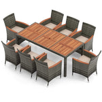 9 Piece Patio Rattan Dining Set Outdoor Wood Wicker Dining Furniture Set Garden Armchairs with Acacia Wood Table, Umbrella Hole, Cozy Cushions