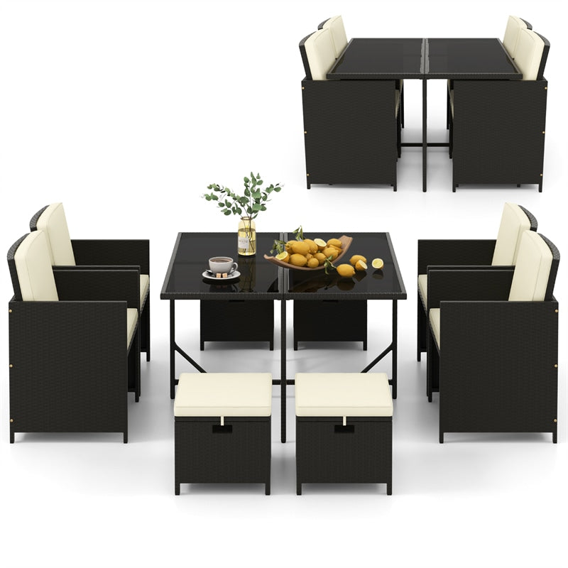 9 Pieces Outdoor Dining Furniture Set Space Saving Wicker Rattan Cushioned Chairs & Tempered Glass Table Patio Conversation Set with Ottomans