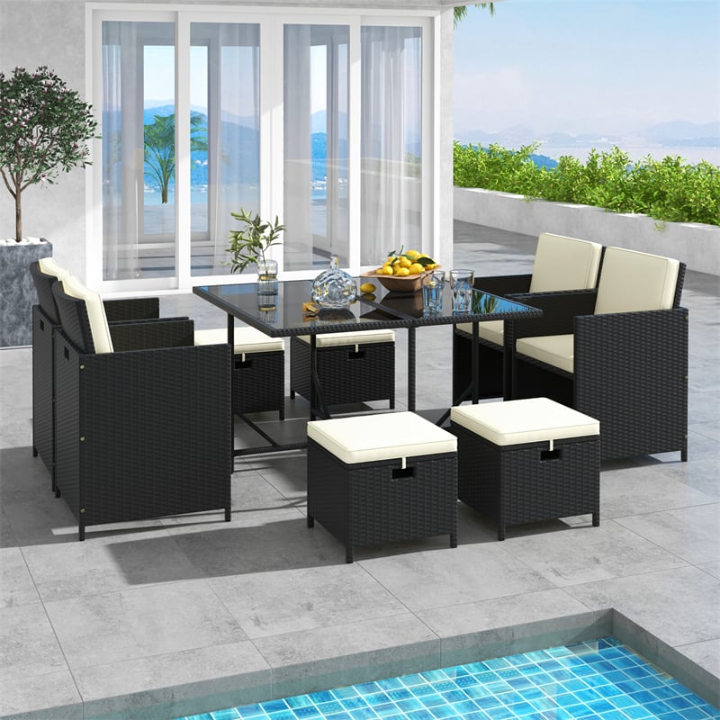 9 Pieces Outdoor Dining Furniture Set Space Saving Wicker Rattan Cushioned Chairs & Tempered Glass Table Patio Conversation Set with Ottomans