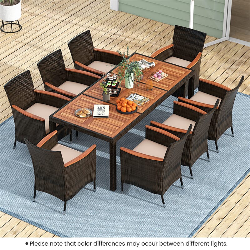 9 Piece Outdoor Wicker Dining Set Patio Dining Furniture Set Acacia Wood Umbrella Hole Table & 8 Stackable Rattan Chairs with Cushions