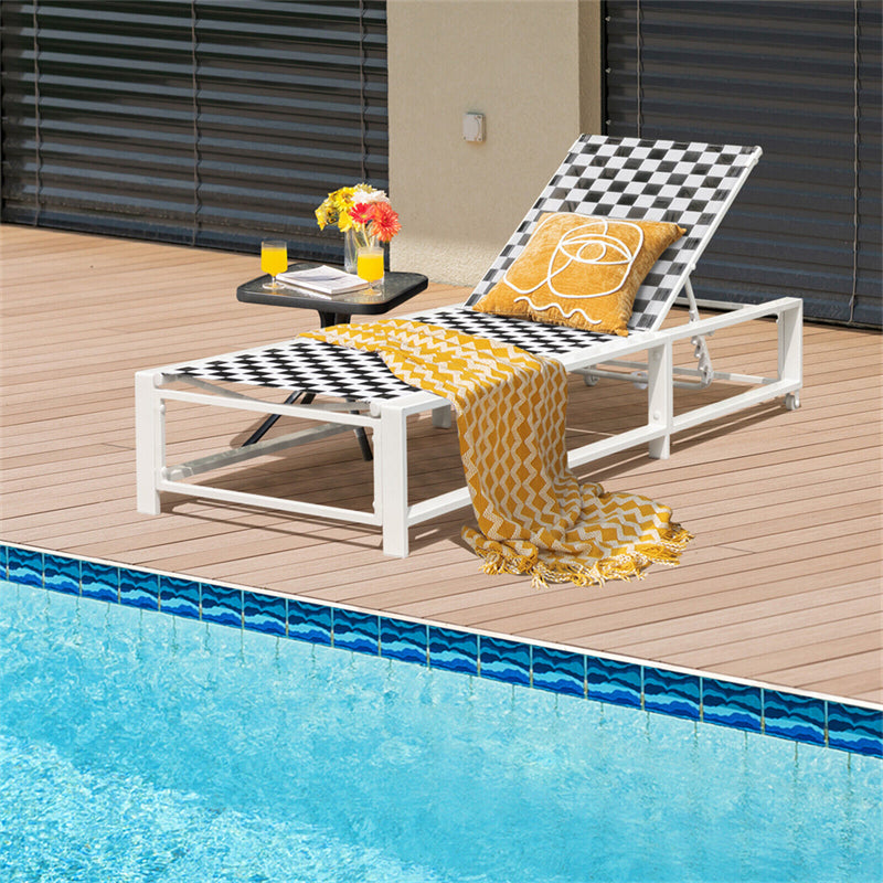 Adjustable Reclining Outdoor Chaise Lounge Metal Frame Garden Poolside Chair with Breathable Fabric & Wheels