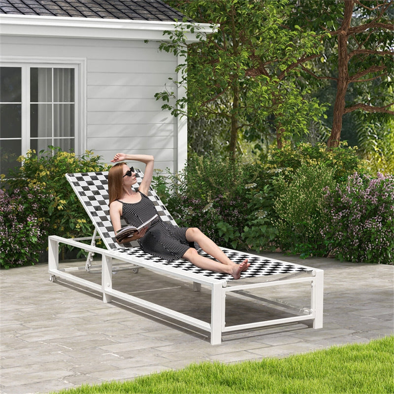 Adjustable Reclining Outdoor Chaise Lounge Metal Frame Garden Poolside Chair with Breathable Fabric & Wheels