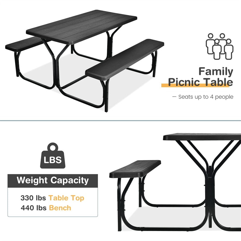 HDPE Picnic Table Bench Set Outdoor Camping Table All-Weather Metal Base Wood-Like Texture with 2 Built-in Benches