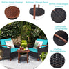 3 Pcs Wicker Patio Conversation Set Solid Acacia Wood Frame Outdoor Furniture Set with Round Side Table & Cushions