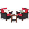 3 Pcs Wicker Patio Conversation Set Solid Acacia Wood Frame Outdoor Furniture Set with Round Side Table & Cushions