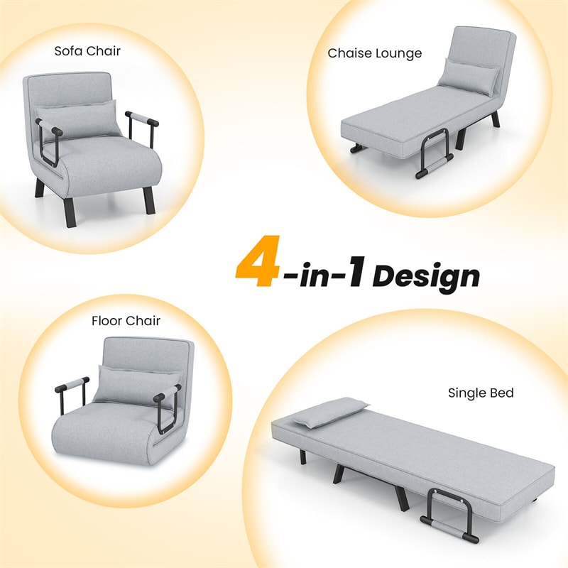 Convertible Sleeper Chair Bed 6-Position Adjustable Folding Armchair Lounge Couch Bed with Pillow