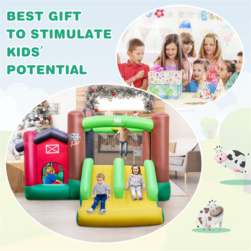 Farm Themed Inflatable Castle Indoor Outdoor Kids Bouncy House with Double Slides & 735W Air Blower