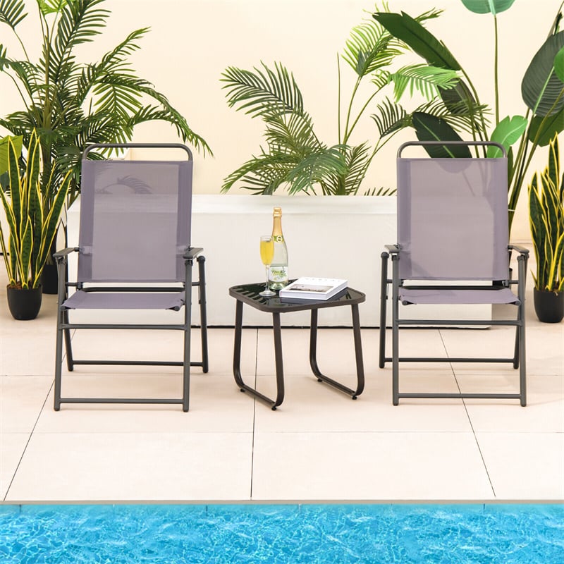 Folding Outdoor Dining Chairs Set of 2 Sling Patio Chairs Portable High Back Chairs with Metal Frame & Armrest for Balcony Garden Poolside Beach