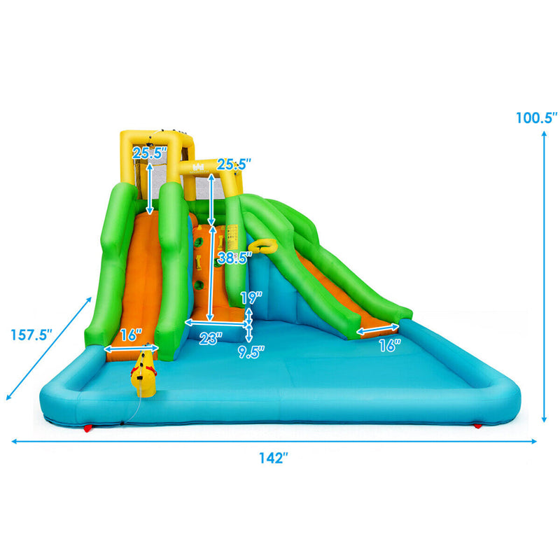Inflatable Bounce House Fun Slide Jump Castle 6 in 1 Kids Bouncer Water Park with Climbing Wall & 2 Long Slides