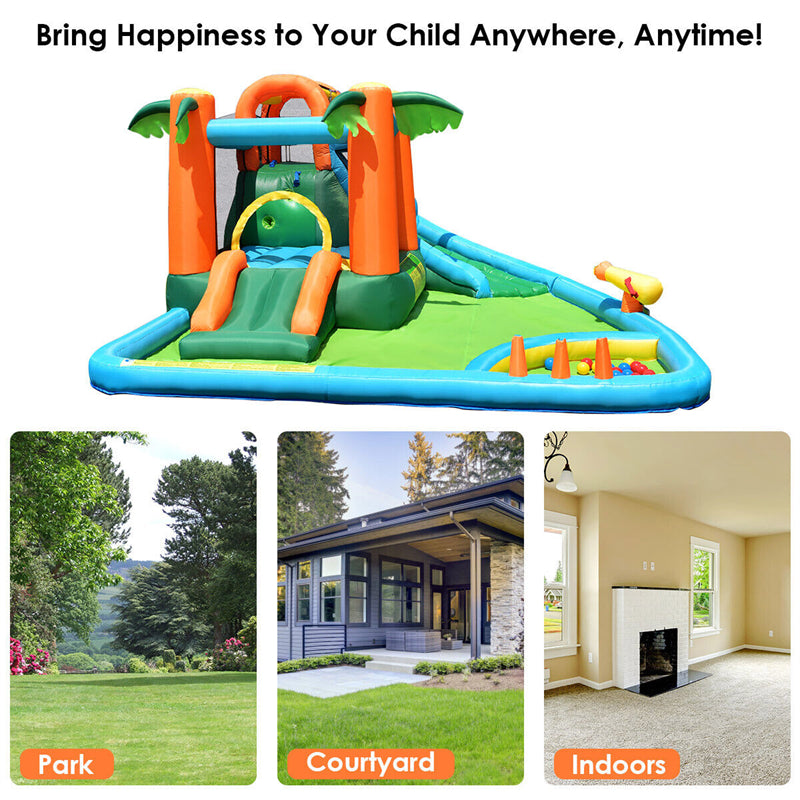 Kids Inflatable Water Slide Tropical Castle Bounce House Combo with 735W Blower