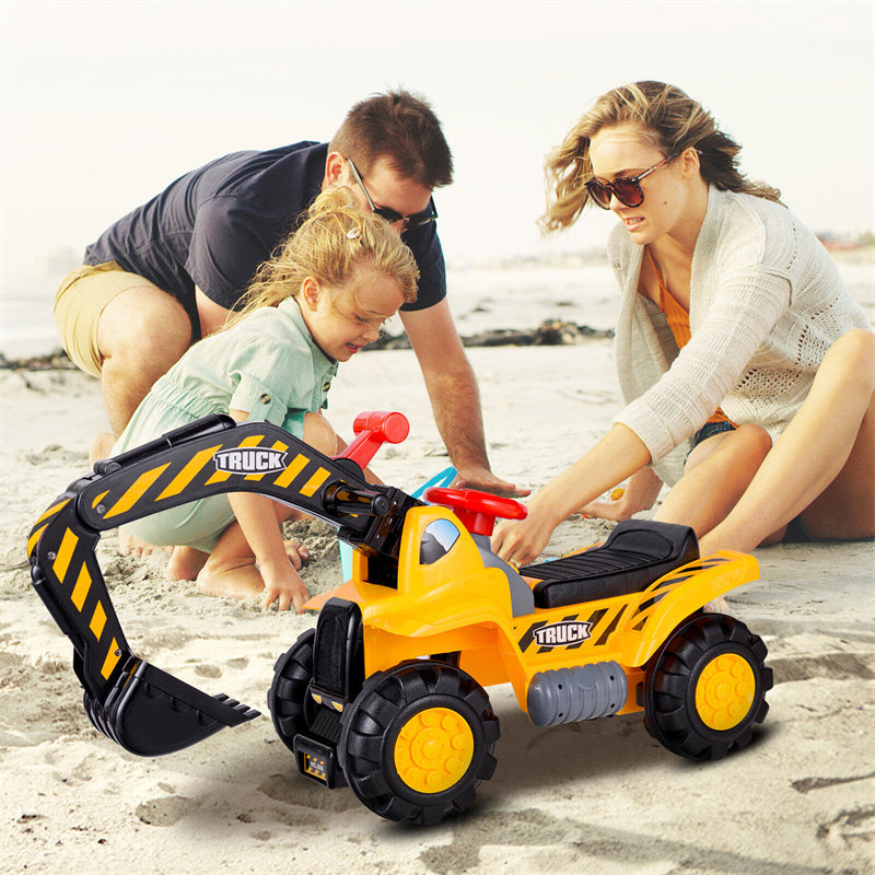 Kids Ride On Construction Excavator Outdoor Digger Scooper Tractor with Safety Helmet & Underneath Storage