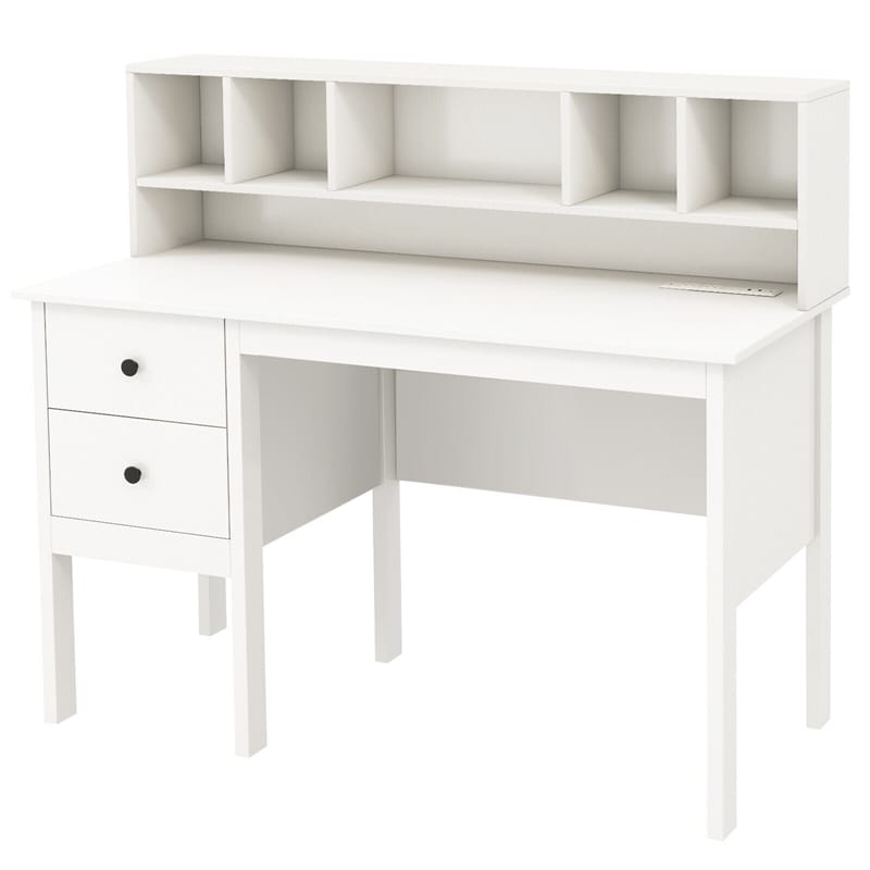 White Desk with Storage Drawers & Charging Station, Modern Home Office Computer Desk 48" Writing Table with 5-Cubby Hutch