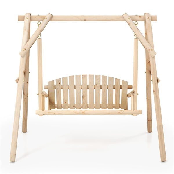770lbs A-Frame Wooden Patio Swing with Stand, Reinforced Bars & Curved Back, Rustic Torched Log Porch Swing for Garden, Backyard - Bestoutdor