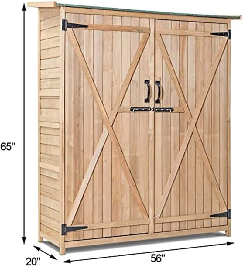 64" Solid Wood Outdoor Storage Shed Garden Tool Storage Cabinet Garden Hutch with 2 Lockable Doors & Tilted Asphalt Roof