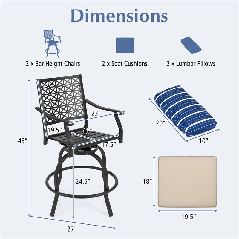 Outdoor Swivel Bar Stools Set of 2 Heavy Duty Metal Frame Bar Height Patio Chairs with Soft Cushions & Comfortable Armrests