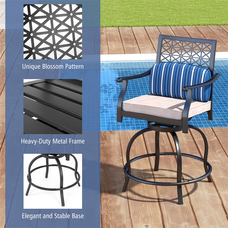 Outdoor Swivel Bar Stools Set of 4 Heavy Duty Metal Frame Bar Height Patio Chairs with Soft Cushions, Pillows & Comfortable Armrests