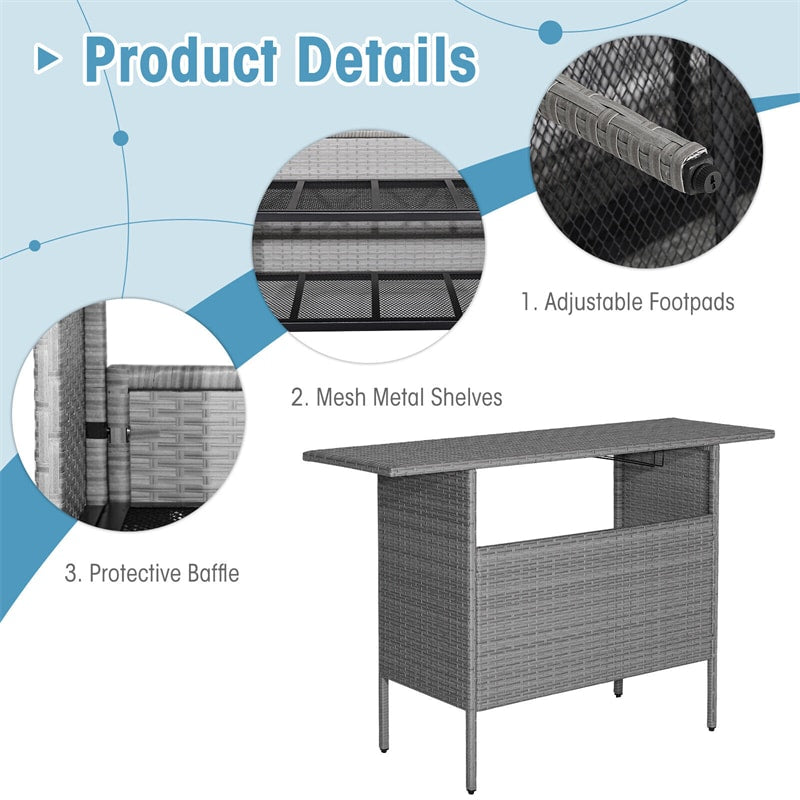 Outdoor Wicker Bar Table All Weather Rattan Bar Counter Table with 2 Metal Mesh Shelves & 2-Rail Steel Stemware Racks