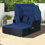 Outdoor Wicker Daybed Rattan Patio Sun Lounger with Retractable Canopy & Seat and Back Cushions