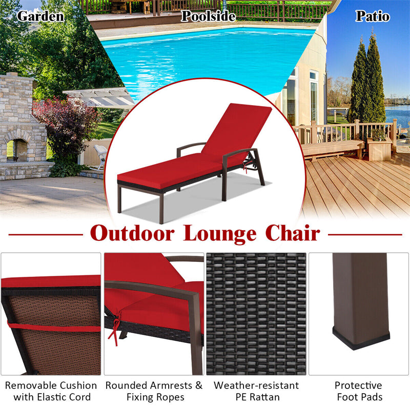 Patio Rattan Lounge Chair Outdoor Wicker Sun Lounger with Adjustable Backrest & Cushions