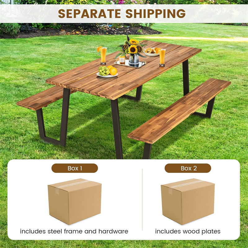 Picnic Table Bench Set 70” Acacia Wood Outdoor Dining Table Camp Table with Umbrella Hole & 2 Benches for 6-8 Person Garden Picnic Backyard Party
