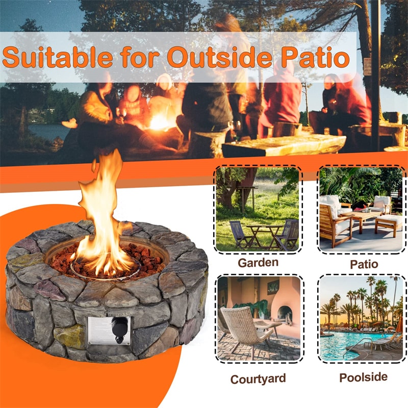 28" Round Propane Fire Pit 40,000 BTU Outdoor Stone Gas Fire Pit with Lava Rocks & PVC Cover for Patio Garden Backyard