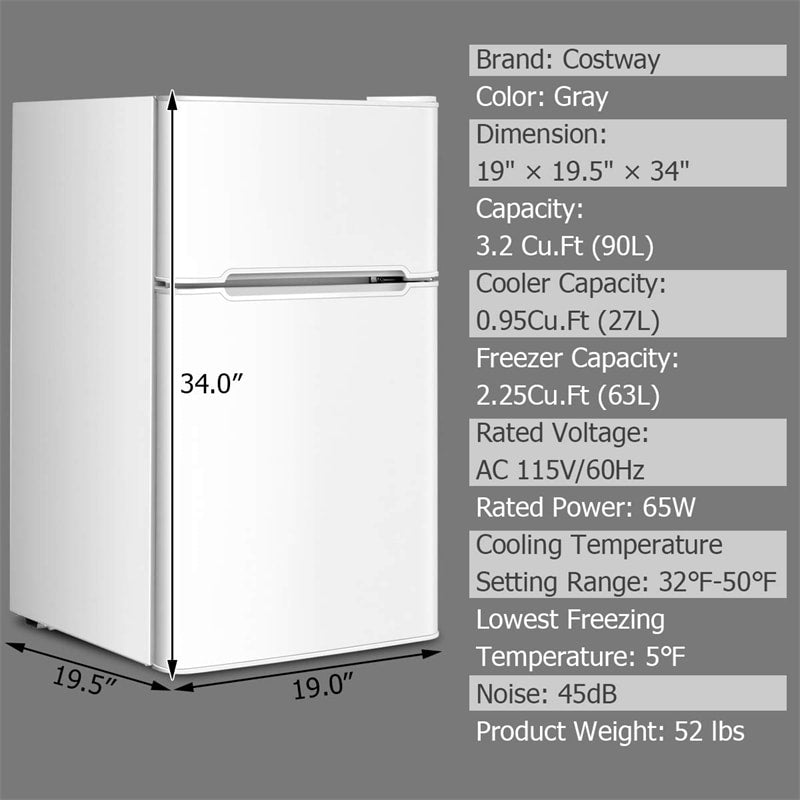 Costway 3.2 Cu.Ft. Compact Refrigerator Mini Dorm Small Fridge Freezer Reversible Door