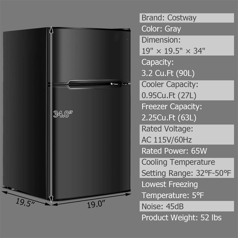 Mini Fridge with Freezer, 90L/3.2CU.FT Double Door Compact Apartment Dorm  Refrigerator for Bedroom Office Dorm with Adjustable Removable Glass