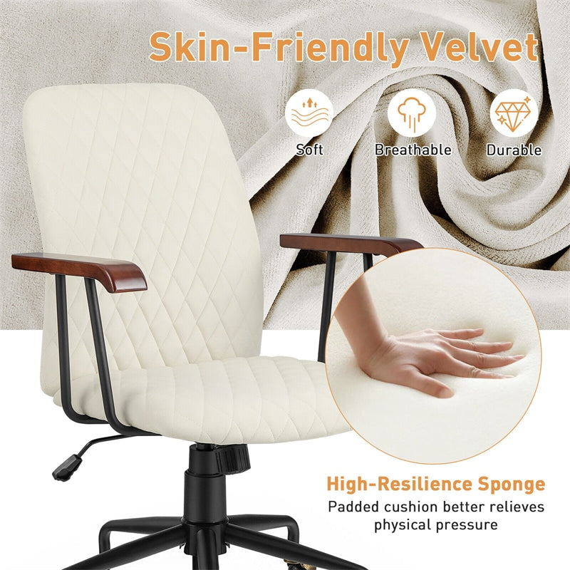 Velvet Home Office Chair Desk Chair Adjustable Swivel Task Chair Upholstered Home Leisure Chair with Rubber Wood Armrest & Copper Casters