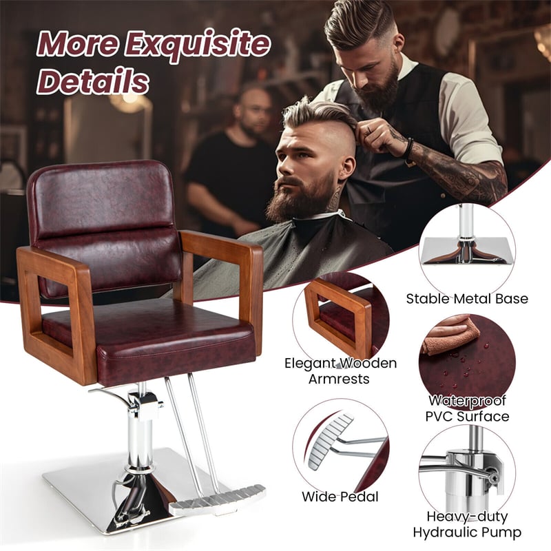 Barber Chair Height Adjustable Salon Chair 360° Swivel Spa Equipment Tattoo Styling Chair with Heavy Duty Hydraulic Pump & Wood Armrest