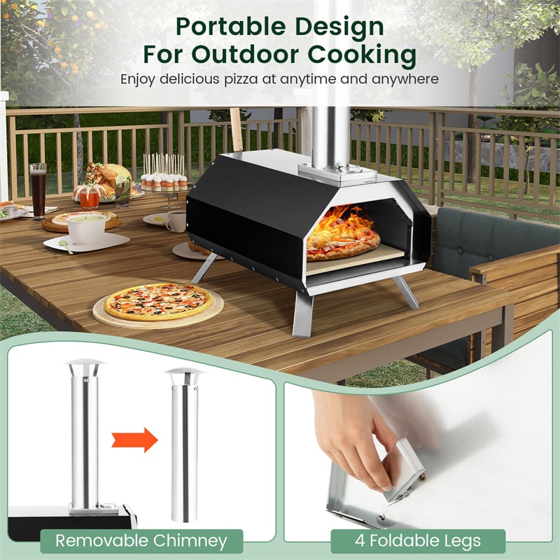 Beetle Outdoor Pizza Oven Wood Pellet Pizza Oven Grill Portable Stainless Steel Pizza Maker with 12'' Pizza Stone & Foldable Legs