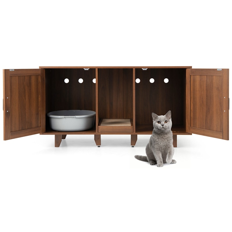 Double Cat Litter Box Enclosure Hidden Cat Washroom Cabinet Large Cat House TV Stand Side Table with Scratching Board
