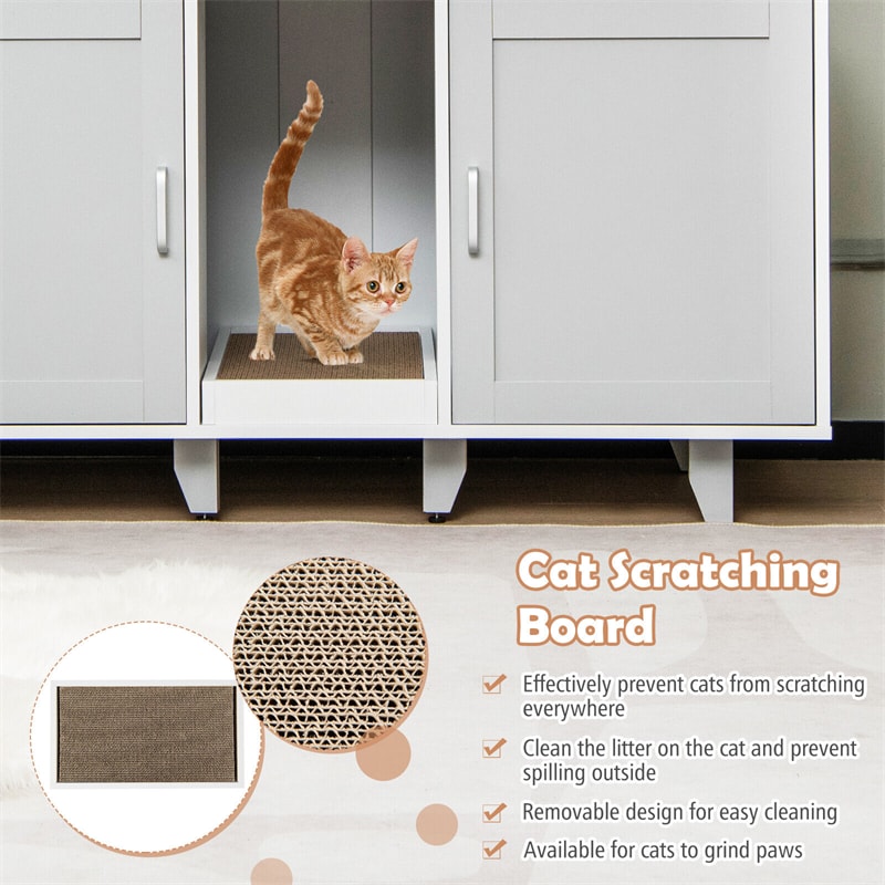 Cat Litter Box Enclosure Double Litter Box Furniture Large Hidden Cat Washroom TV Stand Side Table with 2 Cabinets & Scratching Board