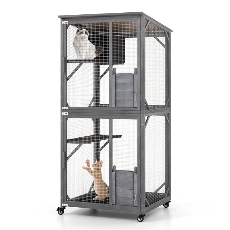 Catio Outdoor Cat Enclosure 72" Tall Wooden Cat House Large Cat Cage Playpen on Wheels with 2 Platforms & Asphalt Roof