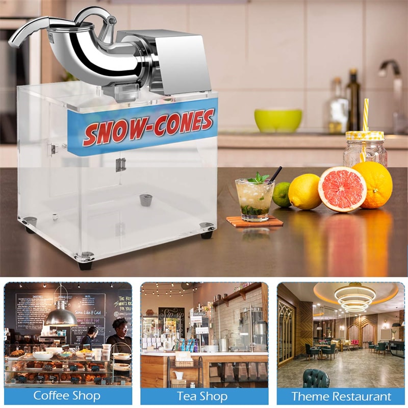 Commercial Snow Cone Machine 440lbs/h Stainless Steel Ice Shaver Maker 110V Electric Ice Crusher Shaved Ice Machine with Dual Blades & Safety Switch