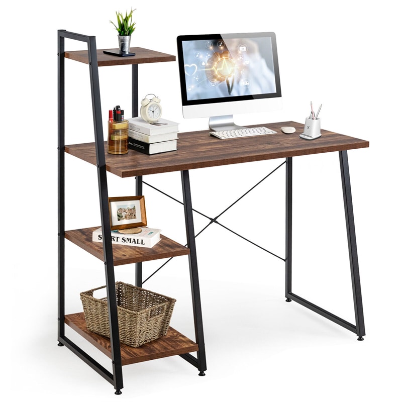 Computer Desk Workstation Home Office Writing Desk Study Desk with 4-Tier Storage Shelves, X-Shaped Metal Frame & Adjustable Foot Pads