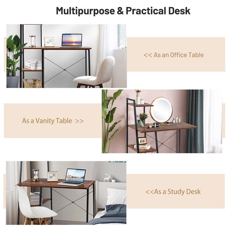 Computer Desk Workstation Home Office Writing Desk Study Desk with 4-Tier Storage Shelves, X-Shaped Metal Frame & Adjustable Foot Pads