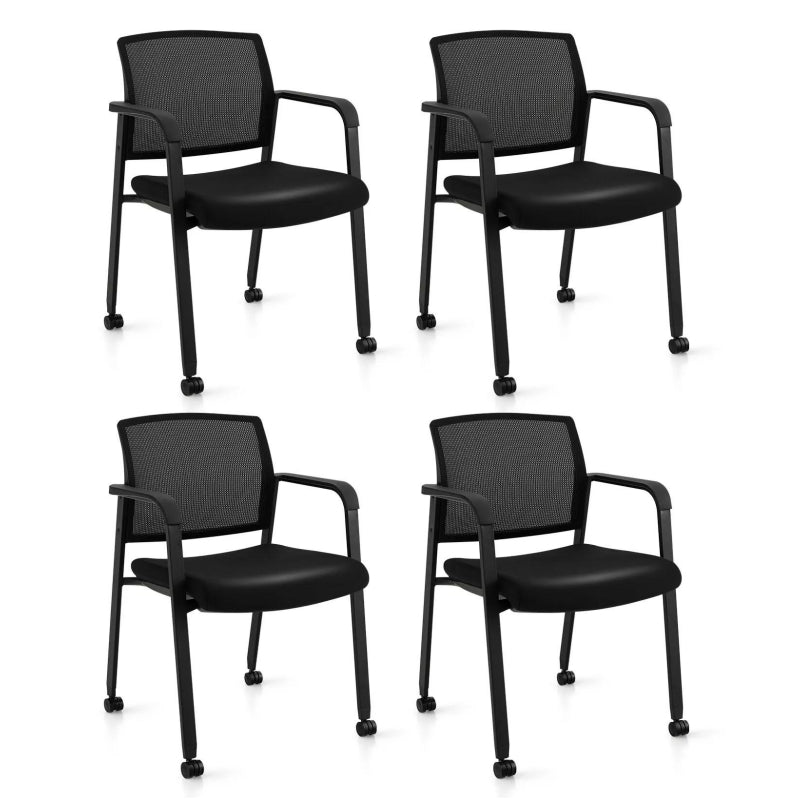 Conference Chairs Set of 4 Mesh Back Stackable Office Guest Chairs Waiting Room Chairs with Wheels & Armrests
