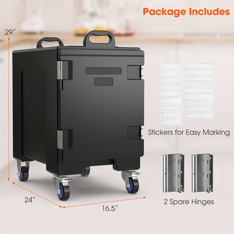 81 Quart End-Loading Insulated Food Pan Carrier for 5 Full-Size Pans, Stackable Food Warmer Hot Box for Catering with Fastener & Wheels