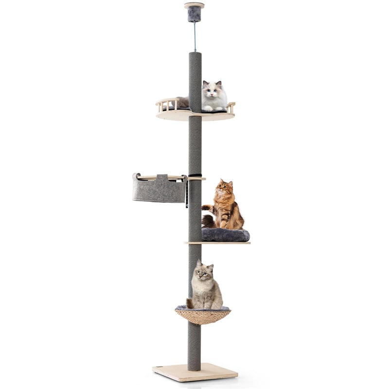 Floor to Ceiling Cat Tree Tower 5 Tier Wooden Cat Climbing Pole 93”-107” Adjustable Height with Scratching Post, Cozy Hammock & Basket Bed