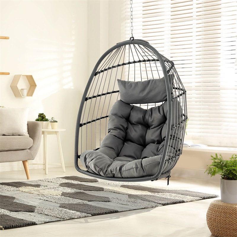 Foldable Wicker Hanging Egg Chair Indoor Outdoor Basket Swing Chair with Large Seat Cushion Soft Pillow & Hanging Kit Chain