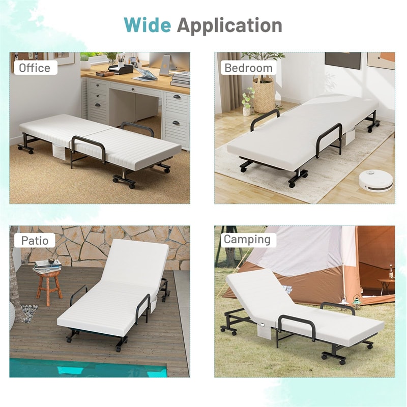 Folding Bed with Mattress, Portable Rollaway Guest Bed with Lockable Wheels, 6-position Adjustable Backrest & Side Storage Pocket, 660 LBS