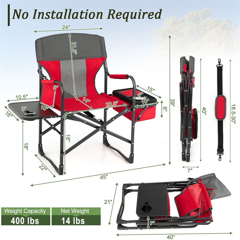 Folding Camping Chair Heavy-Duty Directors Chair Portable Outdoor Chair with Cooler Bag & Side Table