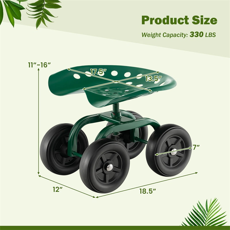 Heavy Duty Rolling Garden Cart Adjustable Height Utility Stool Cart with 360° Swivel Seat & Wheels