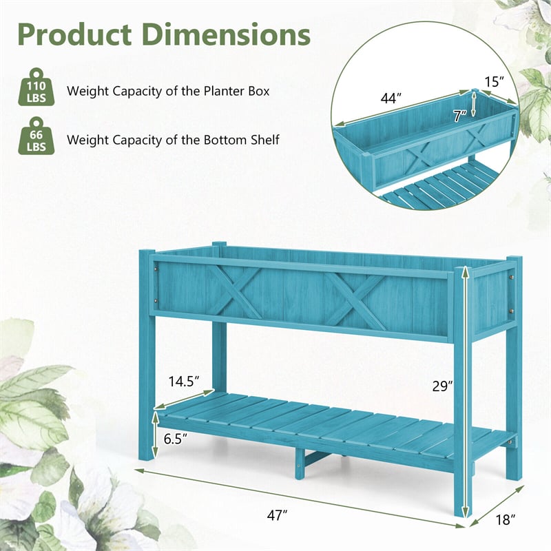 HIPS Raised Garden Bed Poly Wood Elevated Planter Box Weatherproof Standing Garden Bed with Legs, Storage Shelf & Drain Hole
