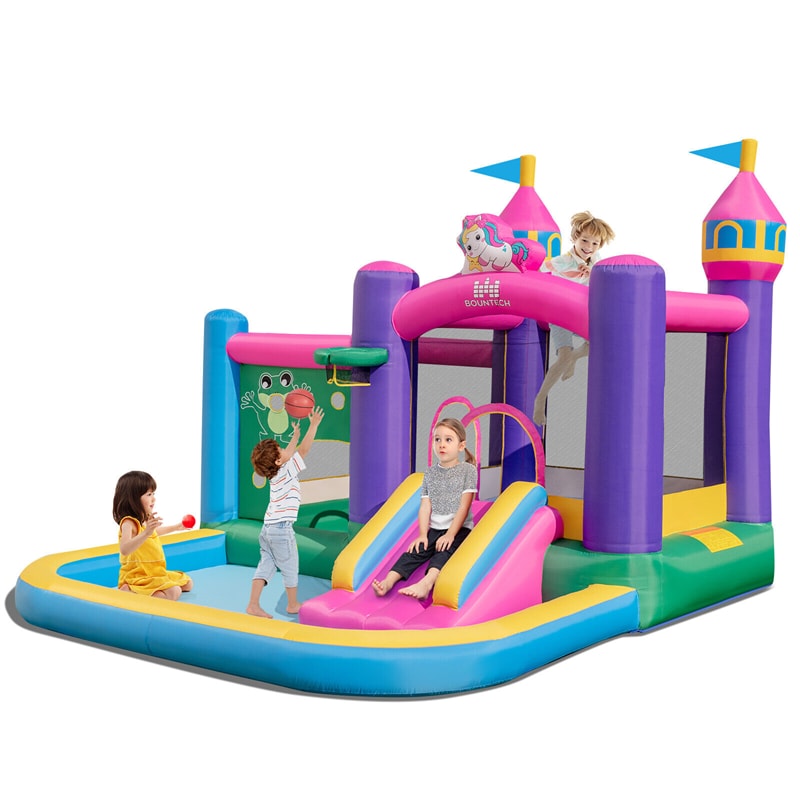 Inflatable Bounce House 6-in-1 Giant Jumping Castle Bouncy House with Large Ball Pit & Basketball Rim for Kids 5-12 Ages Indoor Outdoor Fun